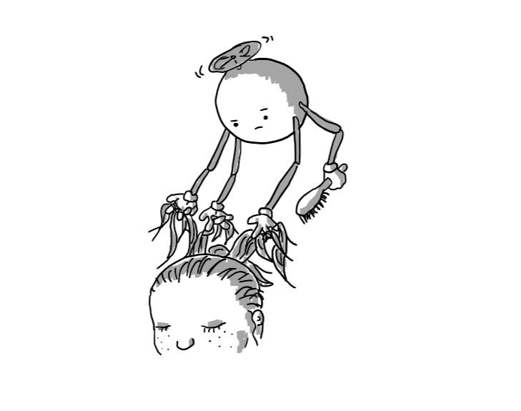 A spherical robot held aloft by a propeller on its top, with four jointed arms. Three of its hands are entwined in the tresses of a child's hair while the other holds a hairbrush. The robot looks slightly perplexed by the many strands it has looped around its fingers.