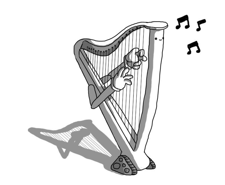 A robot in the form of a harp. Its smiling face is on the front of the column, while its two jointed arms are mounted on the angled soundboard and are plucking at its strings. Where the column and soundboard meet is a small, rounded body with tracks on either side. A few musical notes float in the air beside the robot.