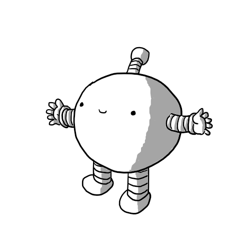 A spherical robot with banded arms and legs and an antenna. It's holding out its arms and smiling.