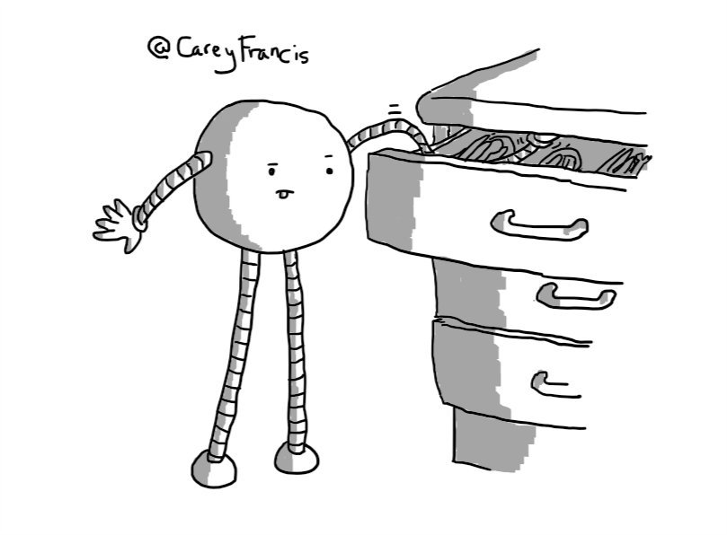 A spherical robot with long, banded legs and arms, reaching into a kirchen drawer with a long, wiggly arm. It has an expression of intense concentration with its tongue sticking out.