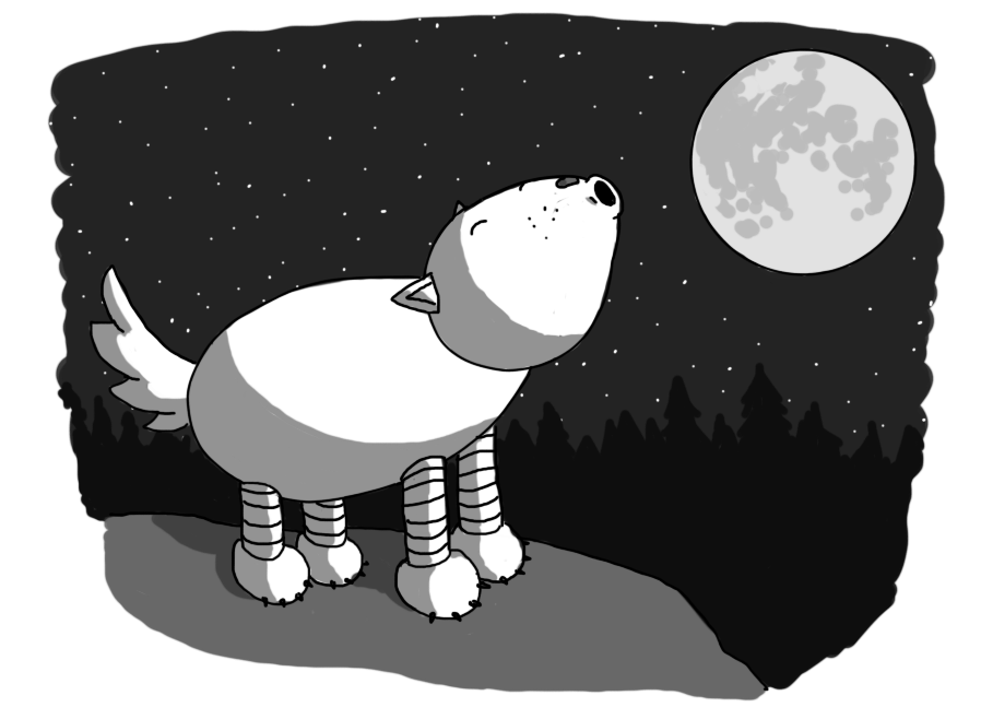 A robot in the form of a wolf, standing on a rock in front of a conifer forest at night, howling at the moon.