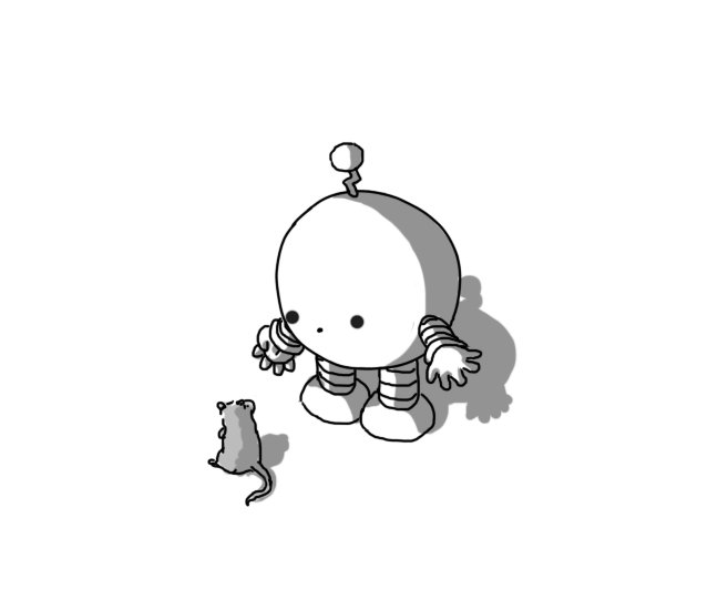 A little spherical robot with banded arms and legs and a zigzag antenna, looking down in surprise at a small rodent sitting on the ground that is turning to look back at it.