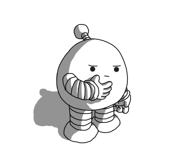 A rounded robot with banded arms and legs and an antenna, stroking its chin and appearing to be deep in thought.