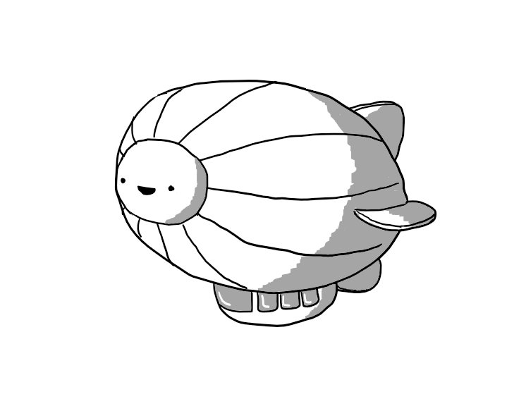 A robot in the form of an airship with longitudinal ribbing, four fins towards its rear and an enclosed gondala with several windows hanging underneath. The front section of the envelope is circular and has the robot's cheerful face in its centre.