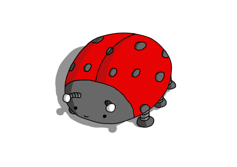 A robot ladybird. It has banded legs on its underside, a spotted red shell with a central partition and a dark grey face with two antenna that have white bobbles on the end.