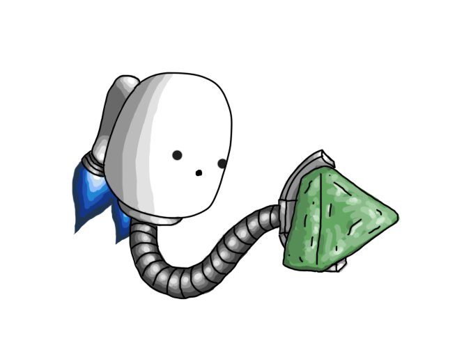 A round topped robot held aloft by a little jetpack on its back with is emitting blue exhaust flames. Emerging from its underside is a long, banded limb with a grabber claw on the end that is holding a triangular chocolate wrapped in green foil. The robot is looking at the chocolate in wonder.