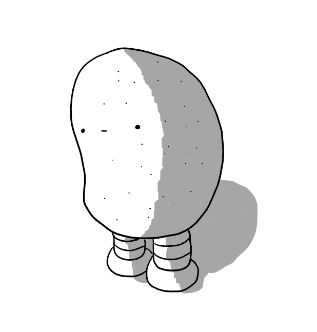 A robot in the form of a potato, with banded legs and a neutral expression on its face.