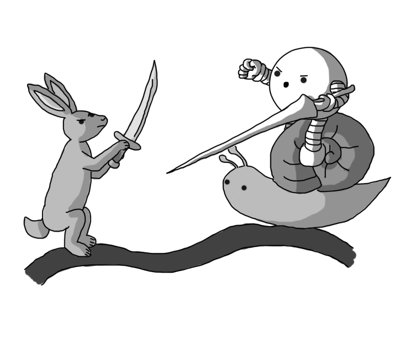 A spherical robot with banded arms and legs, riding on the back of a stylised snail and wielding a lance as it angrily charges forward. Opposing it is a stylised rabbit or hair, brandishing a curved sword. They all stand on a vague, curving ribbon.