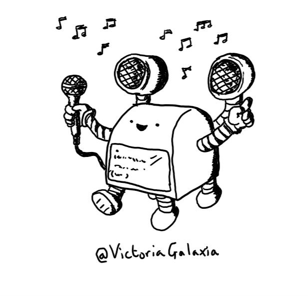 A boxy robot with a curved top and a screen showing lettering on its front below a very happy face. It has four stumpy, banded legs, one of which is thrown forward, mid-dance and two arms, one with a microphone plugged into itself and one pointing in the air. On the robot's back are two round speakers on limb-like connectors, surrounded by musical notes.