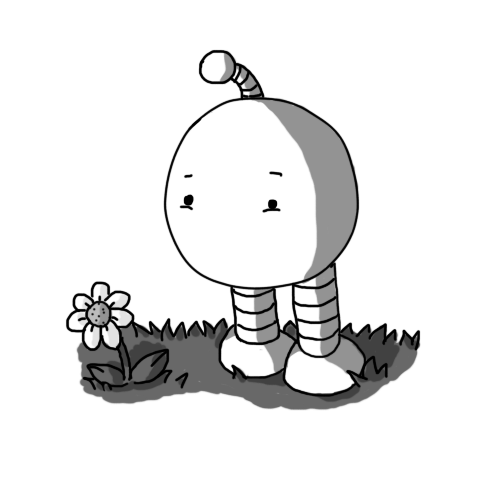 A spherical robot with banded legs and an antenna, no mouth but a very cheerful expression. It's looking down at a flower that's growing strongly in the grass.