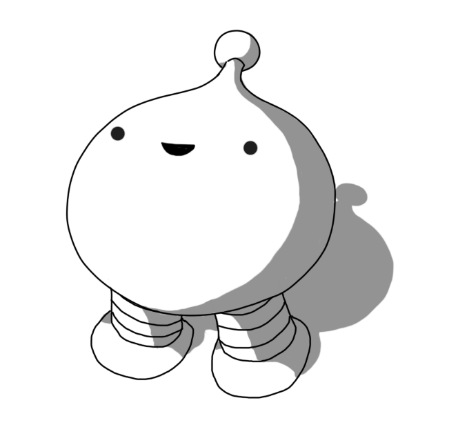 A bulb-shaped robot, whose spherical body tapers into an integrated antenna with a bobble on the end. It has two short banded legs and no arms, but looks very happy about its situation generally.