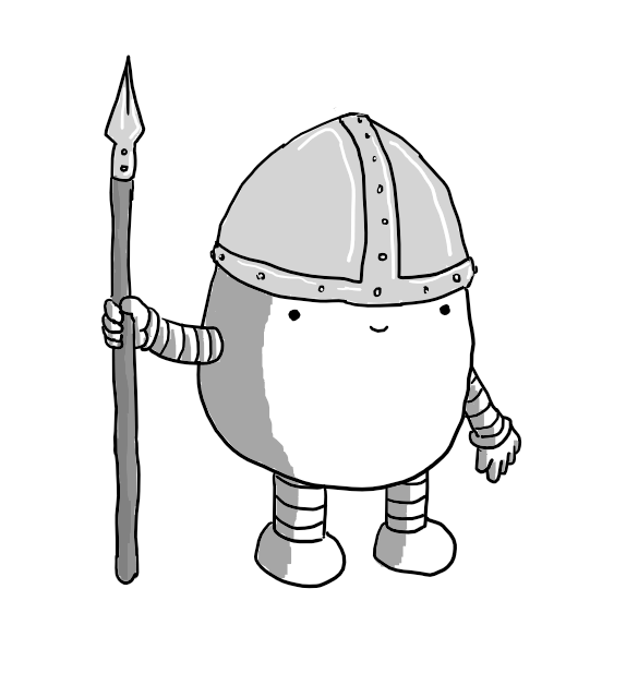 A rounded robot with banded arms and legs, standing to attention with a spear in one hand. It's wearing a conical, riveted pot helm that is slightly oversized.