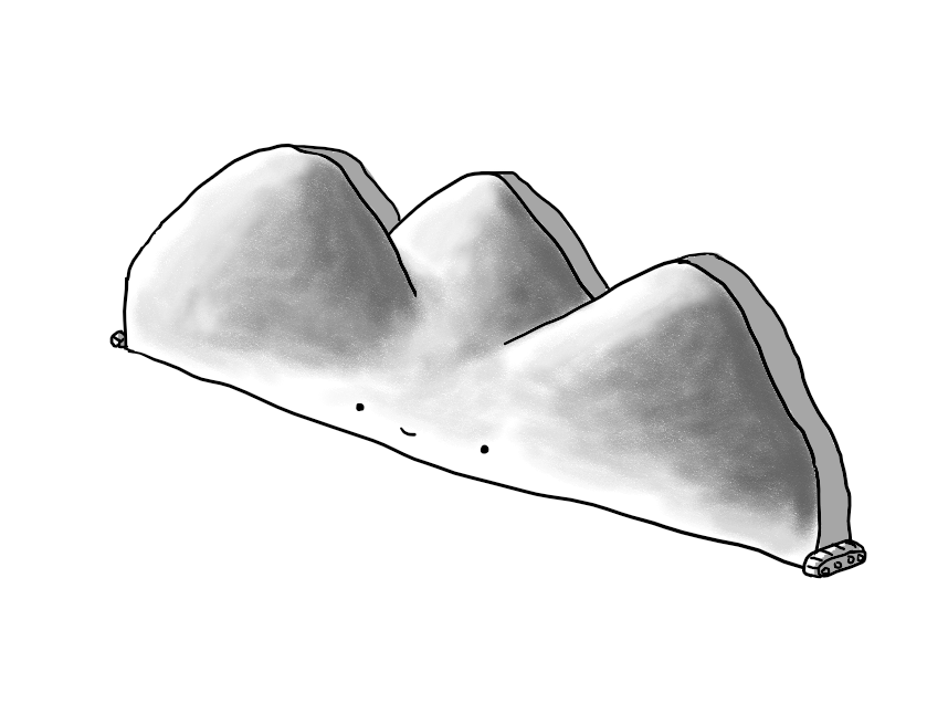 A robot in the form of a flat cut-out of three rounded hills. It has little tracks on either end and a smiling face low down in the middle of its length. The hills are shaded with a soft gradient.