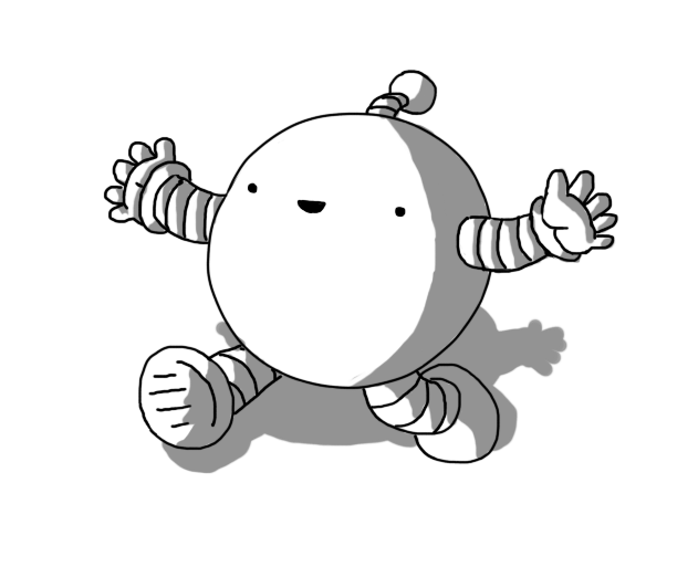 A spherical robot with banded arms and legs, smiling inanely and racing along with its arms extended.