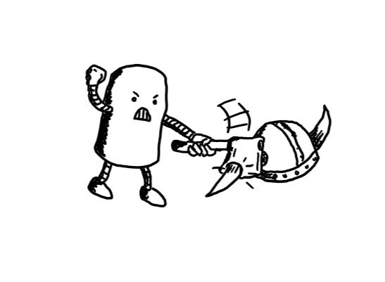 A very angry cylindrical robot using an axe to remove a horn from a classic horned Viking helmet.