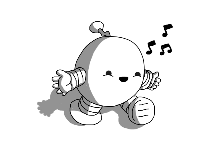 A spherical robot with banded arms and legs and a zigzag antenna, walking along with its hands held out, happily singing, as indicated by musical notes drifting from its mouth.
