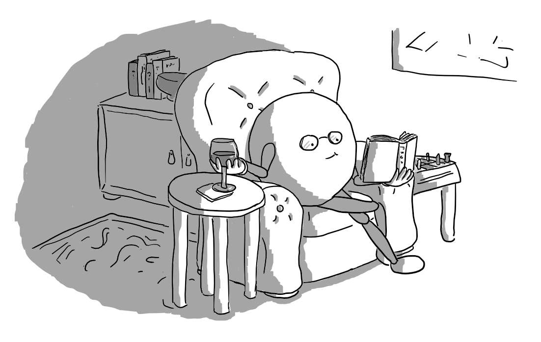 A round robot with jointed arms and legs, wearing glasses and sitting in a leather armchair. It's holding a glass of wine in one hand and reading from a book held in the other. The room is filled with fancy furniture, with a rug on the floor and modern art on the wall. A chess set is next to it.