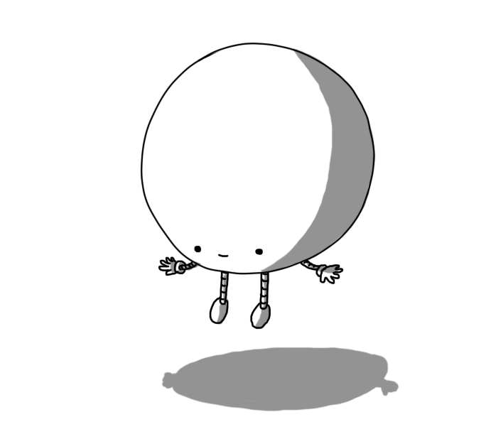 A spherical robot floating a little way off the ground, with thin banded legs hanging beneath it and little outstretched arms. It's gently smiling face is at the very bottom of its body, emphasising the largeness of its cranium.