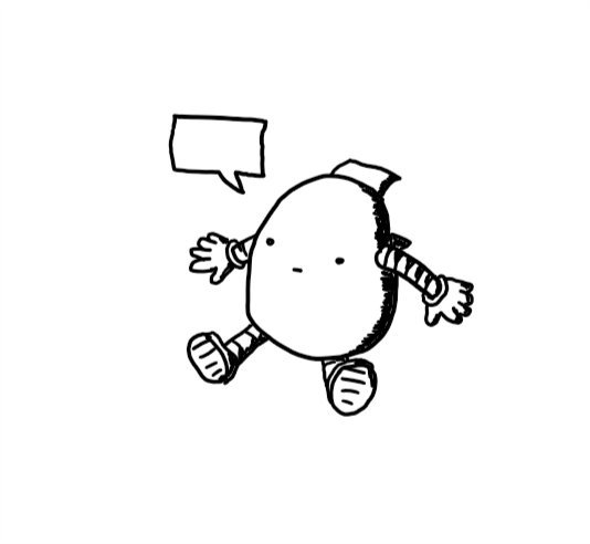 An ovoid robot with banded arms and legs, a blank expression and an open panel on its back. An empty speech bubble is coming from its mouth.