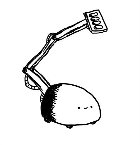 A low, dome-shaped robot on four small wheels. A hinged arm like a crane extends from its back with various wires and bolts connecting the three segments and a flat, rectangular paddle perpinducular to the arm at the end, on the front of which are four soft, rounded pads. The robot's face is at the front of its base unit and it looks very happy.