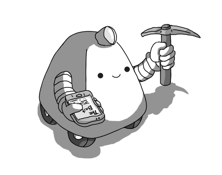 A smiling, rounded-trapezoid-shaped robot with four wheels on its underside and two banded arms. It has a little lamp on its top, a pick axe in one hand and a phone in the other. The phone's screen is displaying a logo for a website called "The Bait", with some lines of text beneath it.