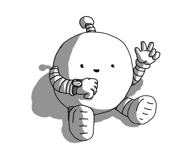 A happy round robot with banded arms and legs, sitting on the ground looking at its watch as it holds up its other hand, apparently counting down with its fingers.