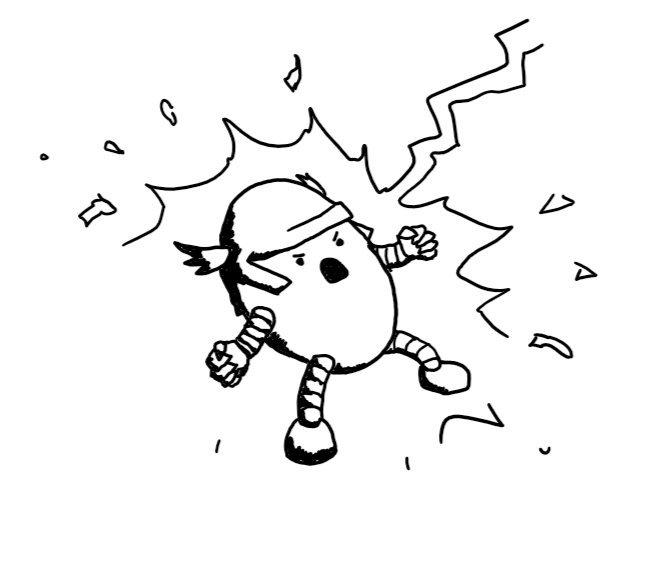 An ovoid robot wearing a winged helmet and standing in a wide-legged stance with its fists clenched, roaring in exultation as a lightning bolt strikes it.