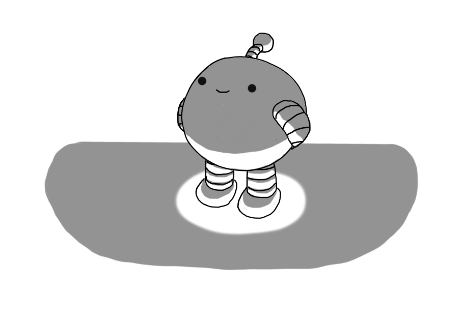 A spherical robot with banded arms and legs and an antenna. It's standing on a darkened surface, with a spotlight emanating from directly below it, such that it causes the robot to be starkly illuminated from beneath. The robot is smiling serenely with its hands behind its back, as if waiting patiently.