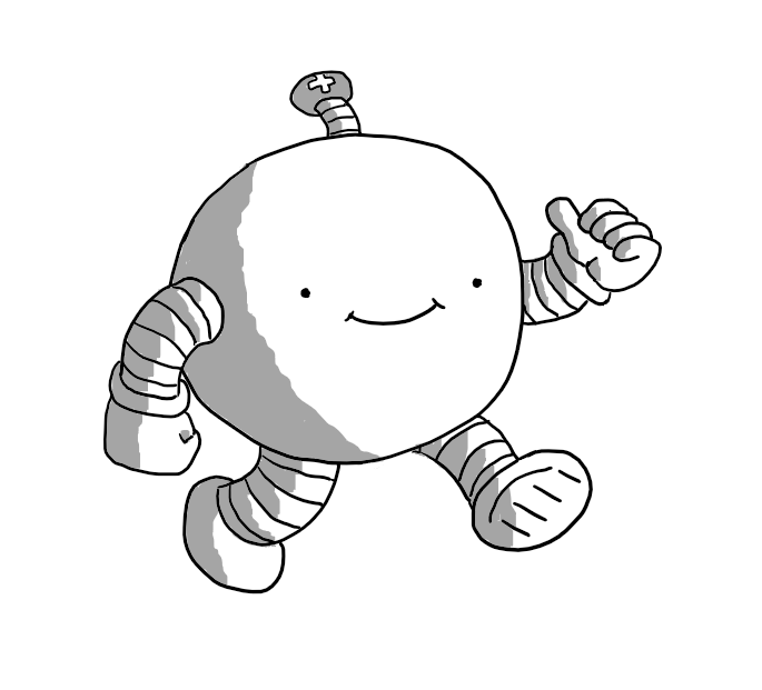 A spherical robot with banded arms and legs, walking along with a big smile on its face. It's giving a thumbs-up with one hand and has an antenna with a little plus symbol on it.