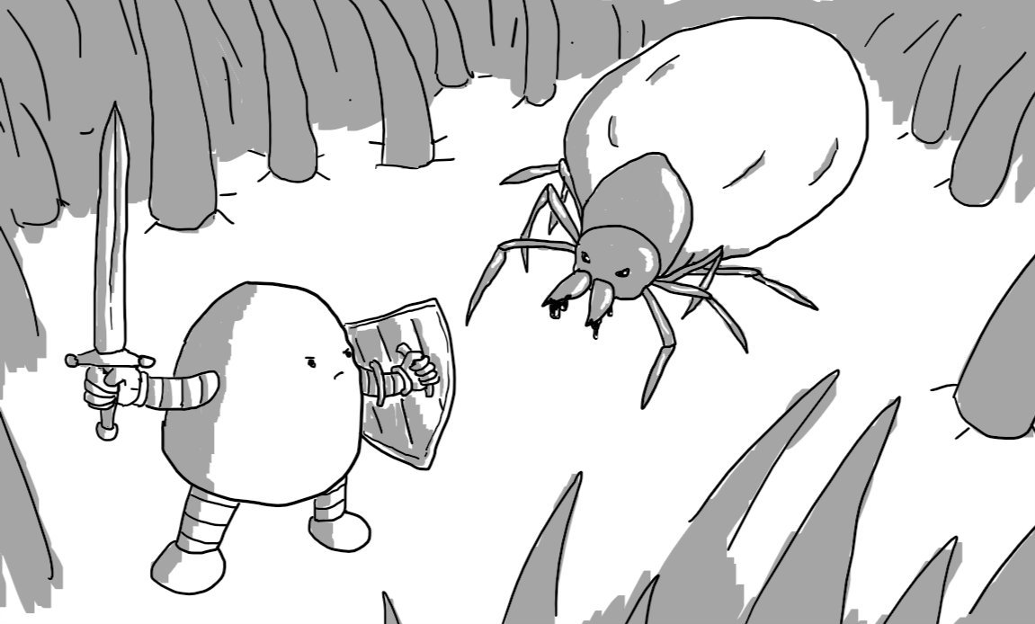 A tiny robot with a sword and shield facing down a swollen tick in a forest of hair.