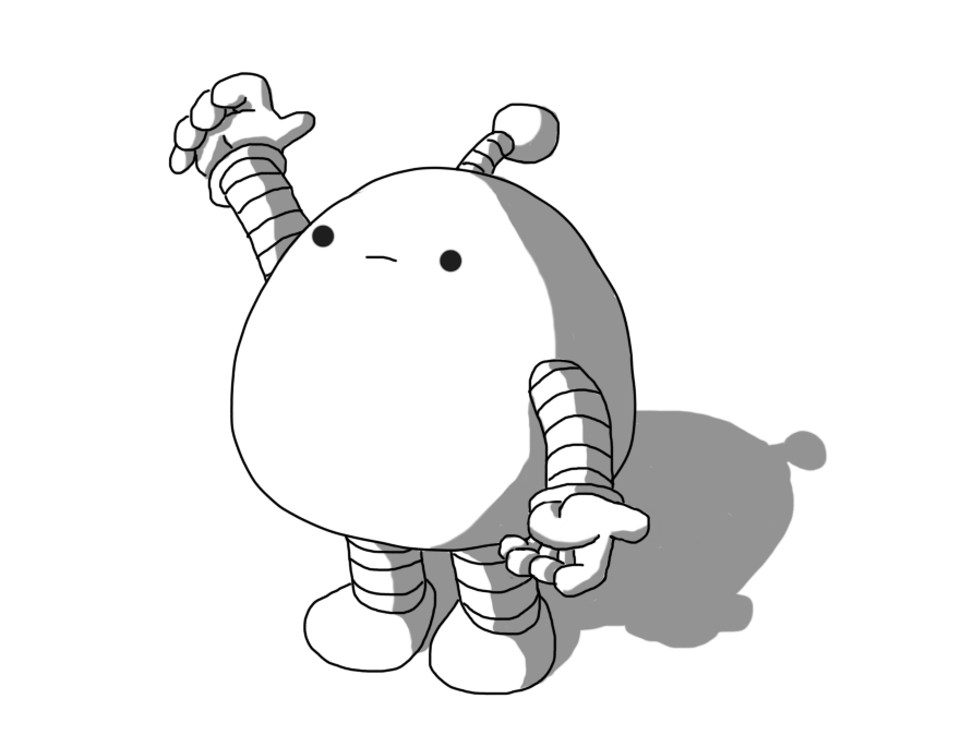 A bulbous robot with banded arms and legs and an antenna holding its hands apart as if demonstrating something's height. It looks rather unsure of itself.