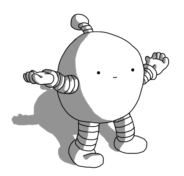 A round robot with banded arms and legs and an antenna, shrugging and smiling faintly.