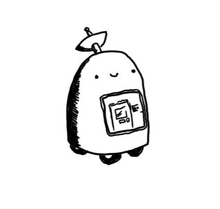 An oblong robot with a curved top that has a little satellite dish poking out of it and four small wheels on its underside. Below its smiling face on its front is a square screen showing a view of a front door.