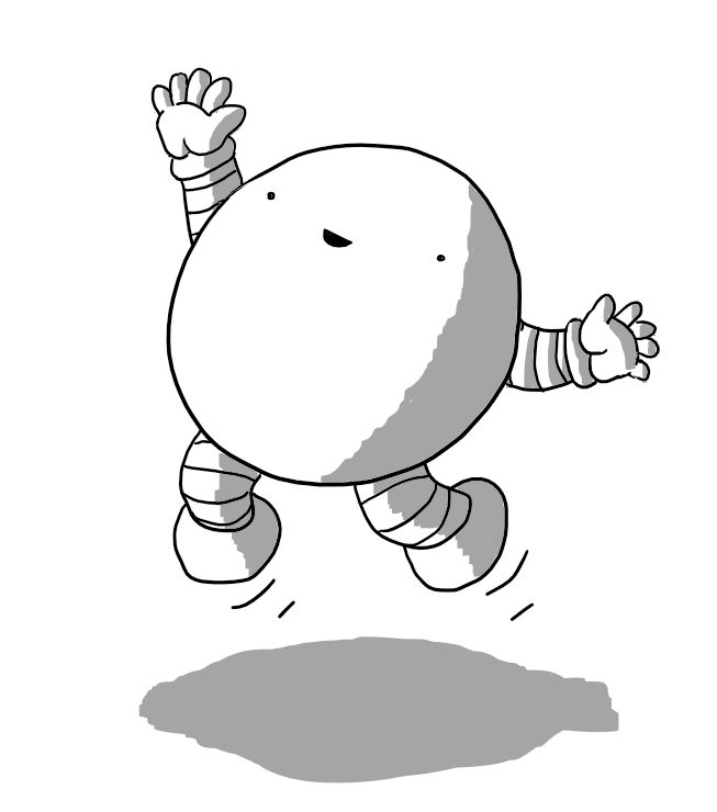 A happy, spherical robot with short, banded arms and legs, jumping up into the air with one hand held aloft.