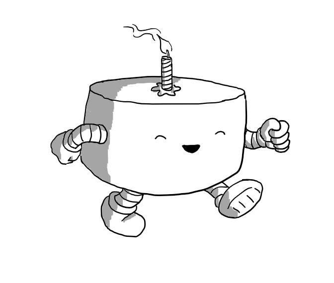 A squat, cylindrical robot with banded arms and legs and a small birthday candle on the top, cheerily strutting to the party.