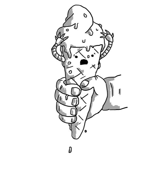 A robot in the form of an ice-cream cone clutched in a child's hand. It has a full serving on its top, but the ice-cream is starting to melt, dripping down its side. Its face is panic-stricken as it uses its two small arms to hold its ice-cream in place.
