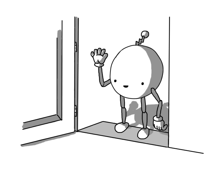 A smiling, round robot with jointed arms and legs, standing at an open door and waving.