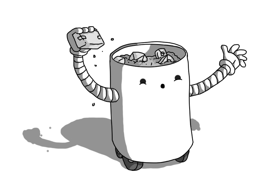 A robot in the form of a hollow, wheeled cylinder. It has two long, banded arms and its face is near the top of the cylinder's opening. Within the robot are a number of wrapped objects, partially buried in sawdust or some other packing material. The robot has plucked one of the gifts out with one hand, shedding fragments of the material in the process. It's making an 'ooooh' face, obviously getting the recipient excited for their prize.