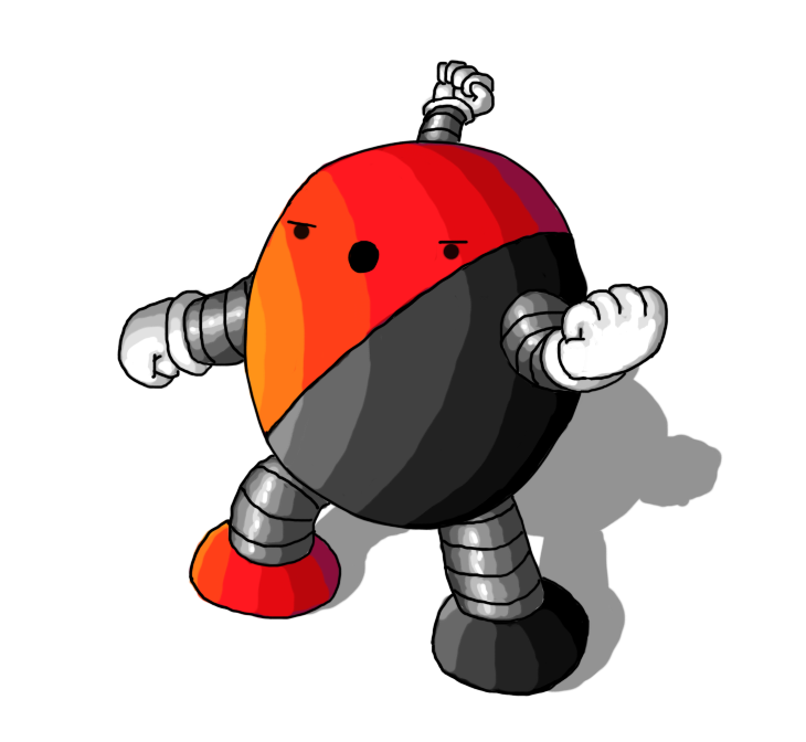 An ovoid robot with banded arms and legs. Its body is divided diagonally, with one side in red and the other in black, and one foot in each colour. Its fists are clenched and it's stepping forward, bellowing angrily. It has an antenna with another clenched fist on the end.