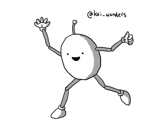 An ovoid robot with long, jointed limbs and a little antenna, stepping out and waving cheerily.