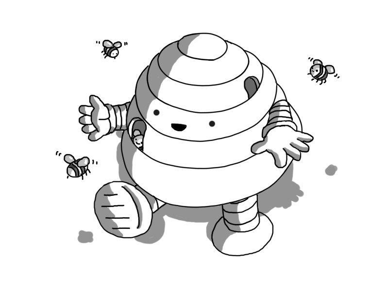 A robot in the form of a conical, cartoon beehive with banded arms and legs. It has a couple of entrances and three bees are buzzing around it, while another looks out from inside.