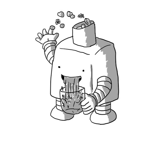 A rounded cuboid robot with an angled funnel on its top into which it is tossing a handful of mixed berries. It has a big wide smile from which is issuing a gushing stream of juice, splashing into a glass it is holding in its other hand.
