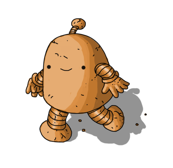 A round-topped robot with banded arms and legs and an antenna, made out of gingerbread. It's running along happily, leaving a few crumbs trailing behind it.