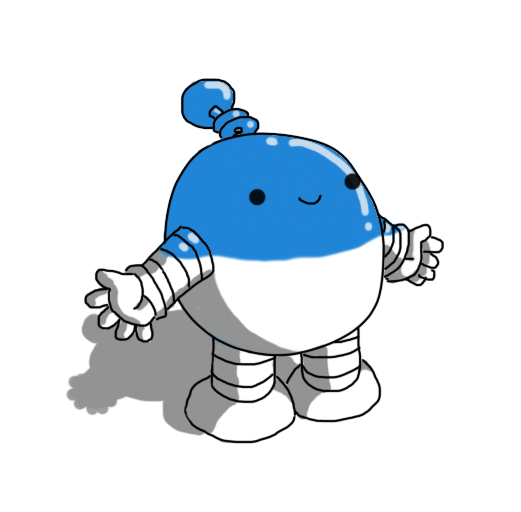A round robot with banded arms and legs and a coiled antenna. It's smiling and holding out its arms, while its top half is coloured a reflective blue.