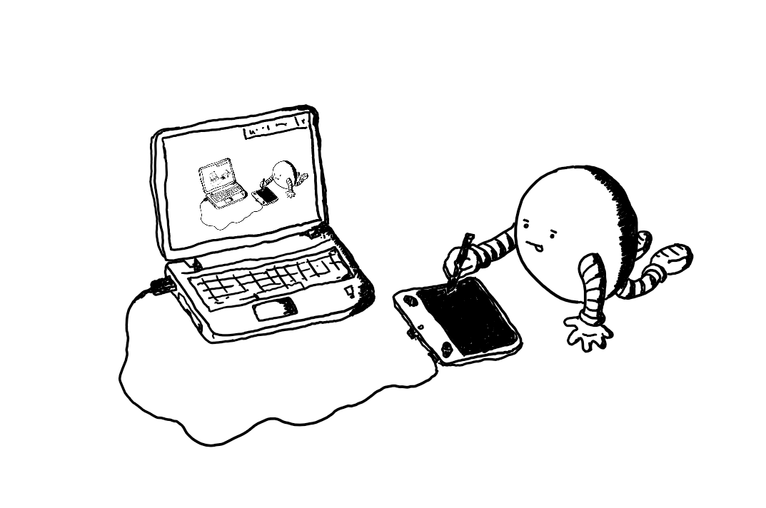 A round robot sprawled on the floor using an electronic drawing tablet plugged into a laptop. It has its tongue sticking out as it draws using the stylus. On the laptop screen is the exact same image, with a corresponding smaller version on that one's laptop screen and so on...