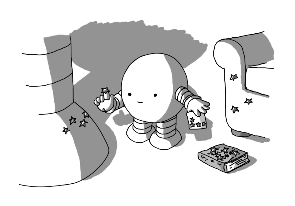 A round robot with banded arms and legs, holding a little sheaf with sticky stars affixed to it. It's carefully adding a star to Bigbot's foot - making five in total - while around it are others things it's rated in the same way. A sofa has three stars, and the Small Robots book has four.