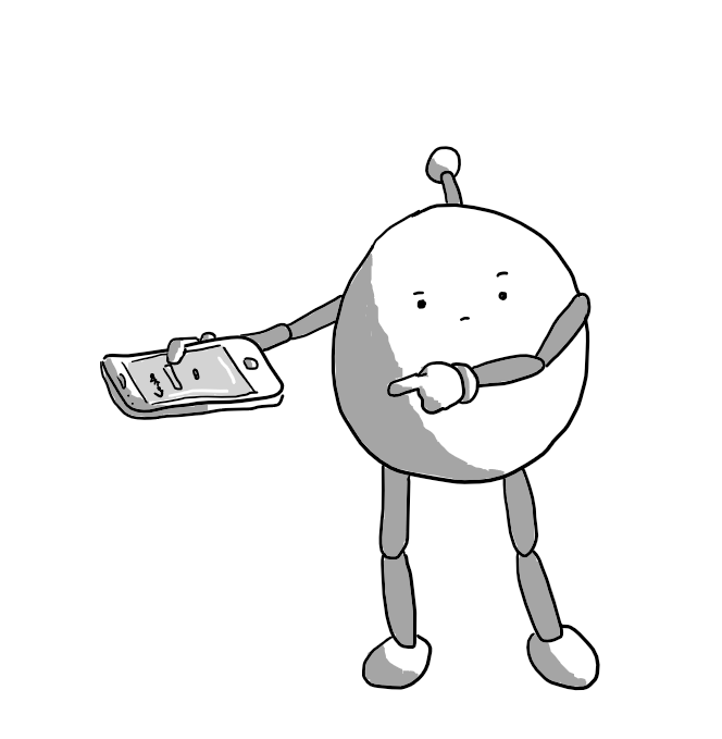 A round robot with jointed arms and legs, holding a mobile phone with a search bar displayed, pointing to the phone while cocking a sardonic eyebrow.