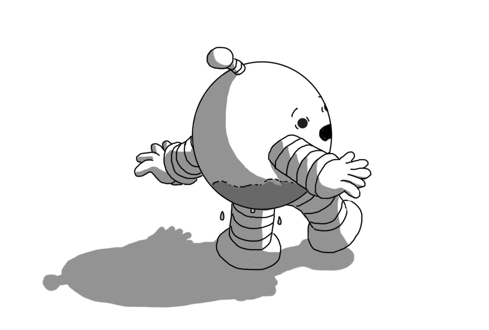 A spherical robot with banded arms and legs and an antenna, looking back over its shoulder in horror and surprise as it notices that its underside is darkened by a spreading, dripping damp patch.