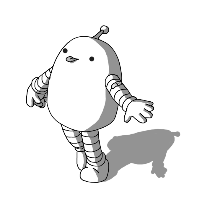 A rounded robot with banded arms and legs and an antenna, stretching up on its toes and sticking out its tongue. It has a little plaster (band-aid) on its upper left arm.
