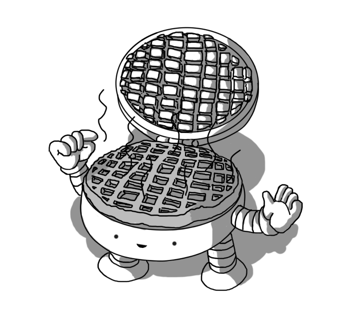 A robot in the form of a round waffle iron with banded arms and legs. Its face and limbs are on the base section, and the lid is open, revealing a freshly-cooked waffle, to which its pointing.